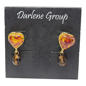 Darlene Group Faux Amber Heart Gold Toned Glass Bead Dangle Post Earrings